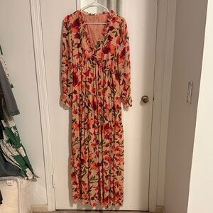 Floral Long Sleeve V-Neck Maxi Dress - Peach Floral